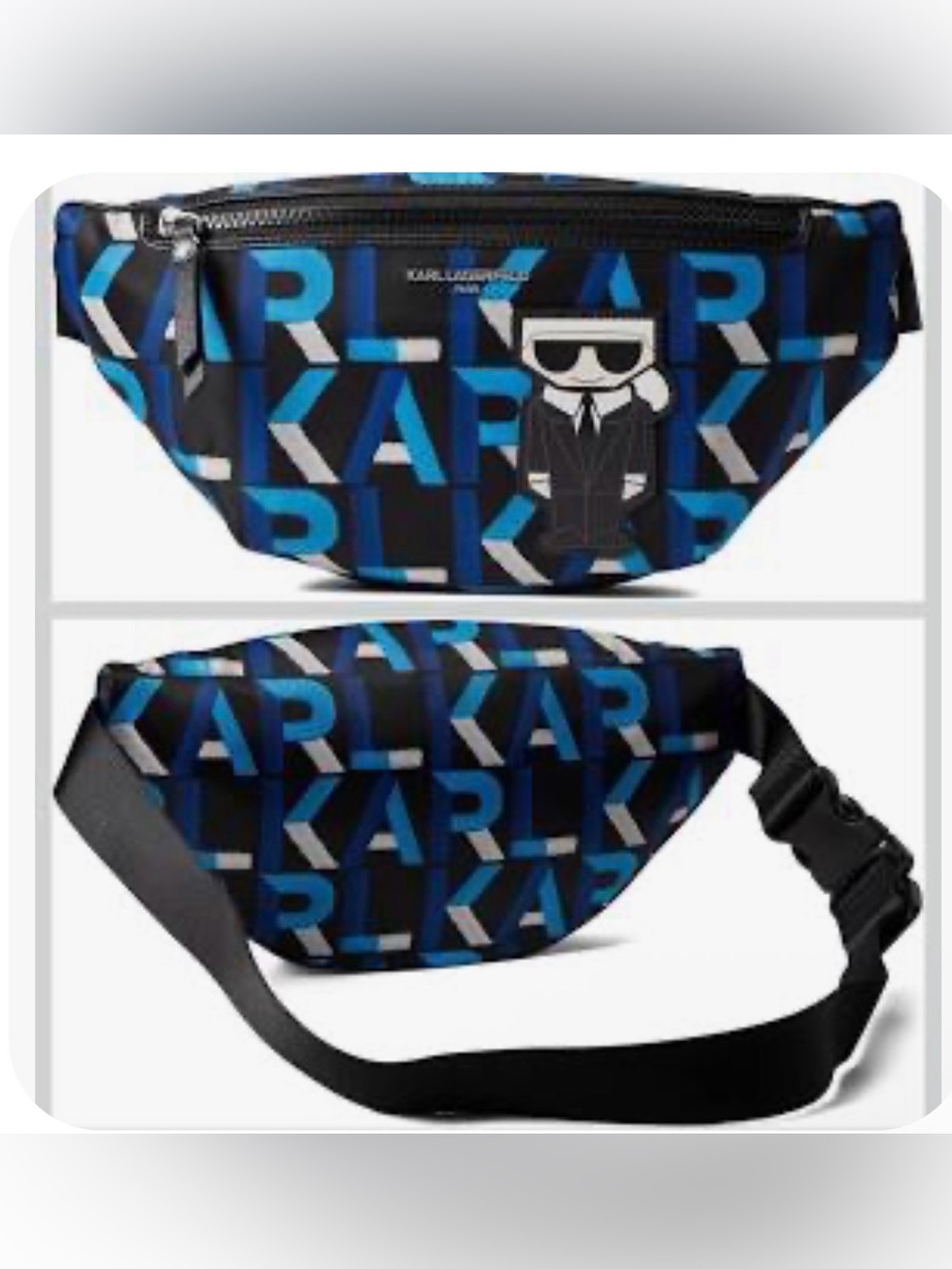 Karl Lagerfeld Black and Blue Logo Print Belt Bag